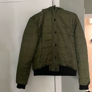 Green puffy jacket with fuzzy hood